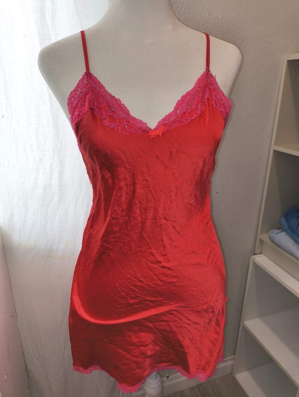 2014 Vintage Victoria's Secret Red Chemise with Pink Lace Trim